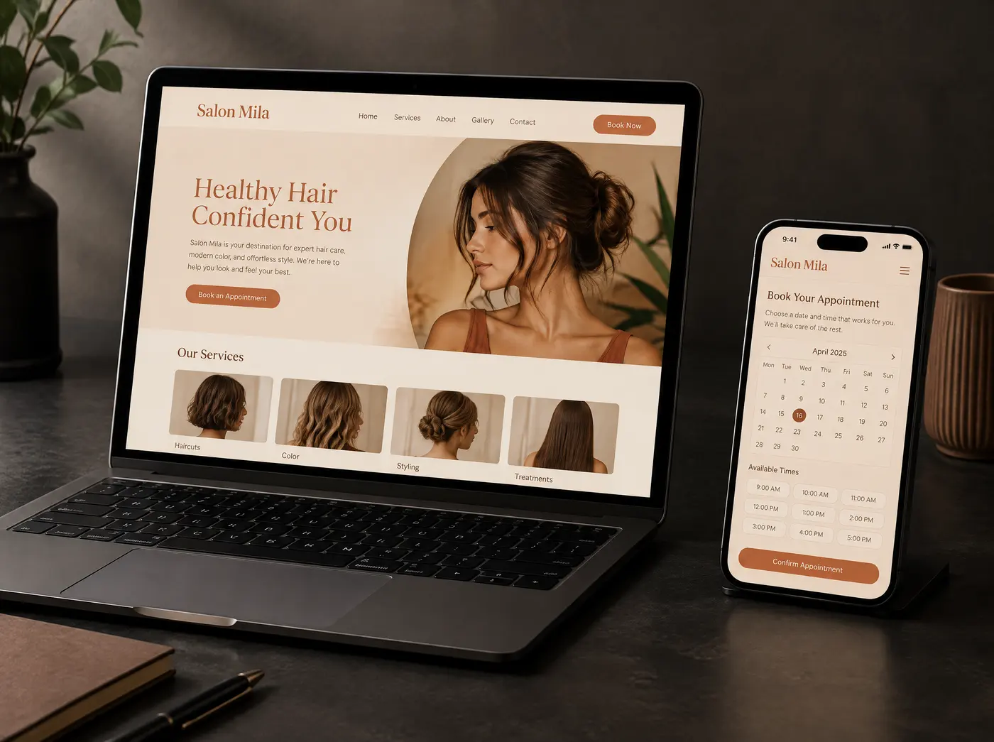 Web stranica Salona Mila s online rezervacijom na laptopu i mobitelu